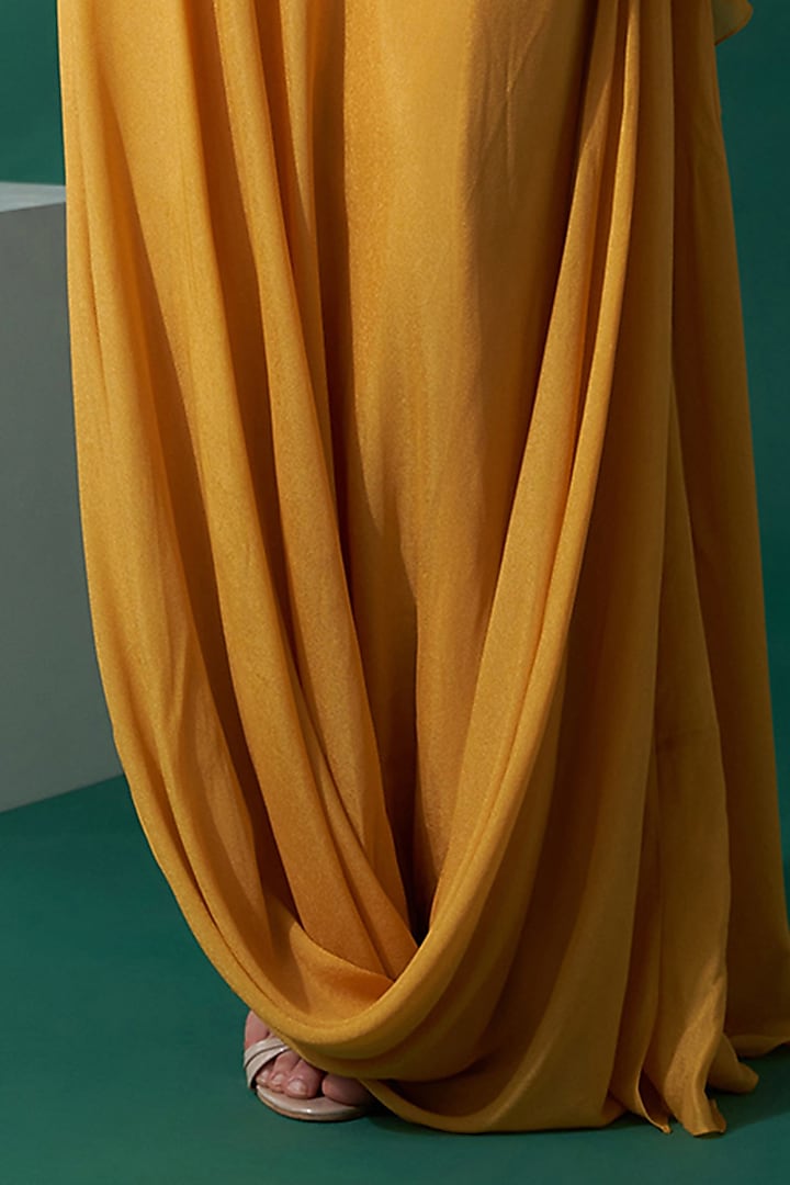 Mustard Georgette Crepe & Satin Pre-Draped Skirt Wedding Saree Set by Suruchi Parakh at Pernia's Pop Up Shop