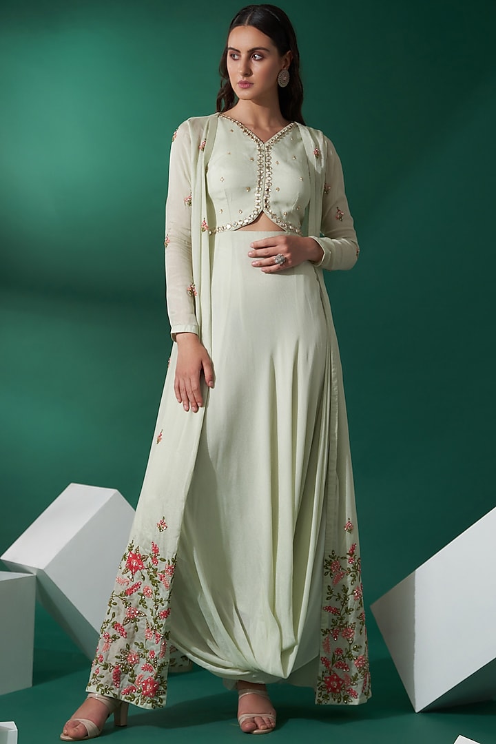 Mint Green Georgette Crepe & Satin Threadwork Jacket Draped Dress by Suruchi Parakh