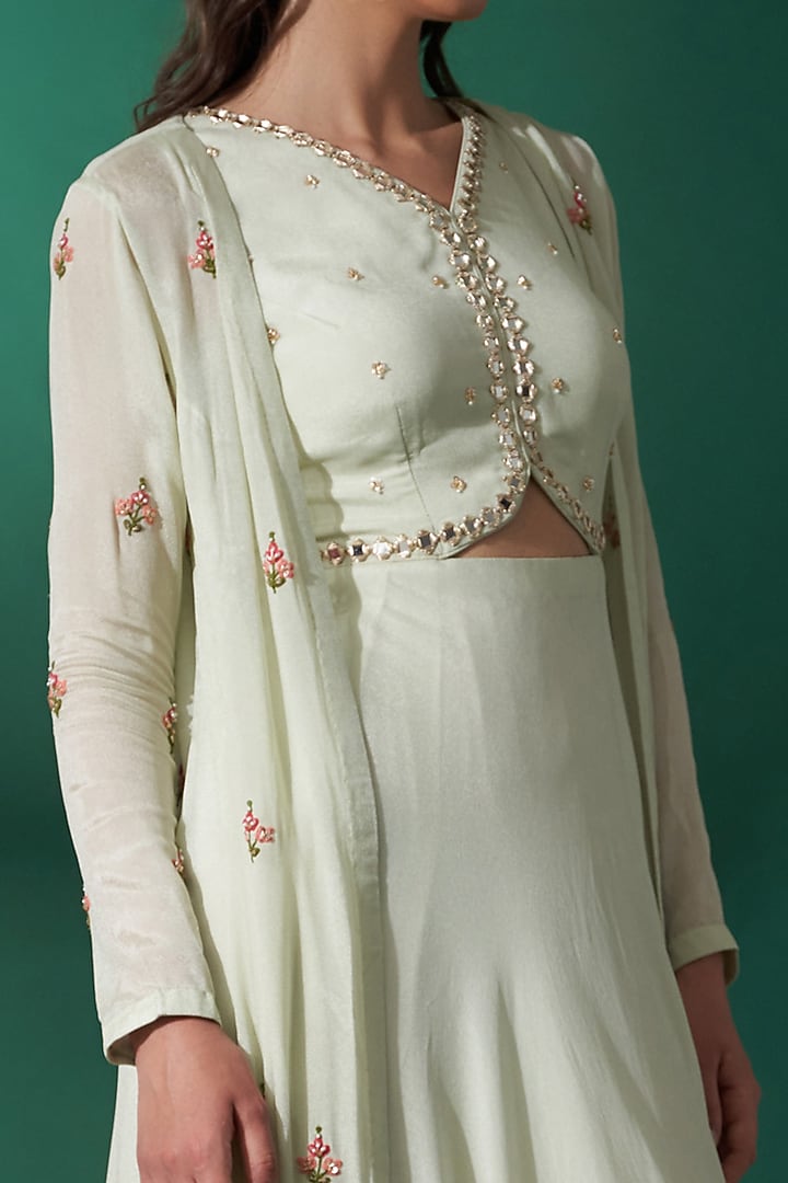 Mint Green Georgette Crepe & Satin Threadwork Jacket Draped Cocktail Dress by Suruchi Parakh at Pernia's Pop Up Shop