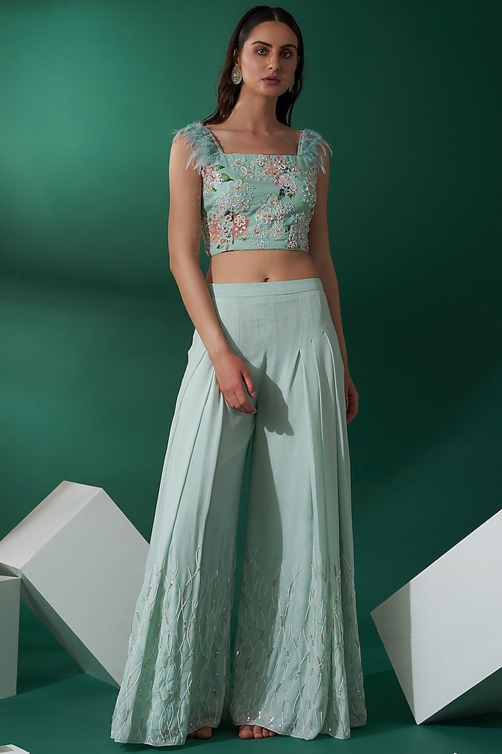 Sea Green Embroidered Pant Set by Suruchi Parakh