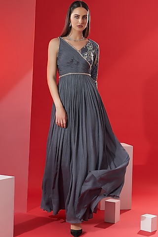 Grey Embroidered Maxi Dress by Suruchi Parakh