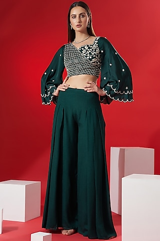 Green Satin Flared Pant Set by Suruchi Parakh