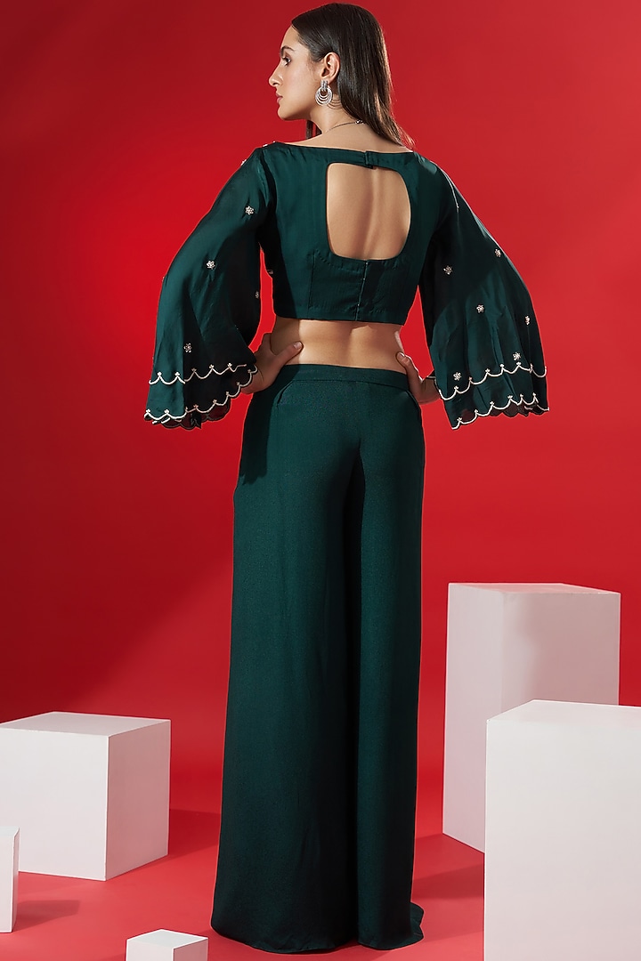 Green Satin Flared Pant Set by Suruchi Parakh at Pernia's Pop Up Shop