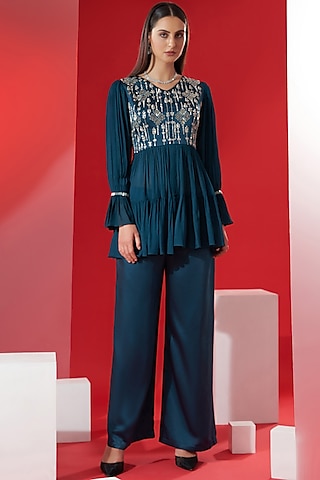 Teal Green Georgette Pant set by Suruchi Parakh