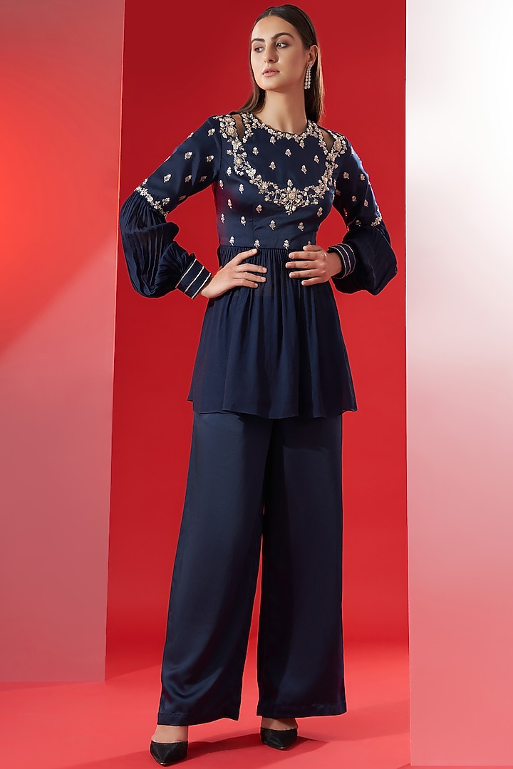 Navy Blue Satin Pant Set by Suruchi Parakh at Pernia's Pop Up Shop