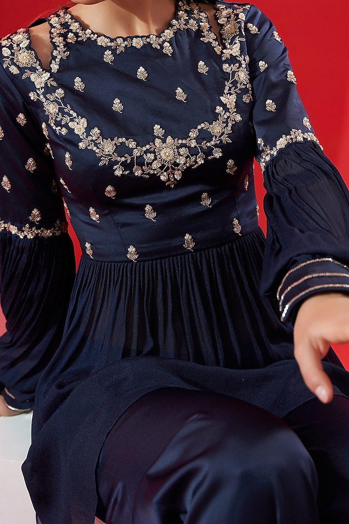 Navy Blue Satin Pant Set by Suruchi Parakh at Pernia's Pop Up Shop