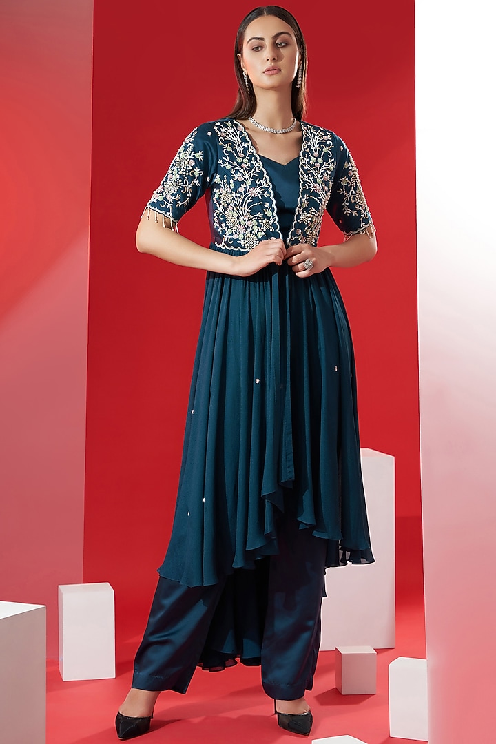 Teal Green Embroidered Jacket Set by Suruchi Parakh at Pernia's Pop Up Shop