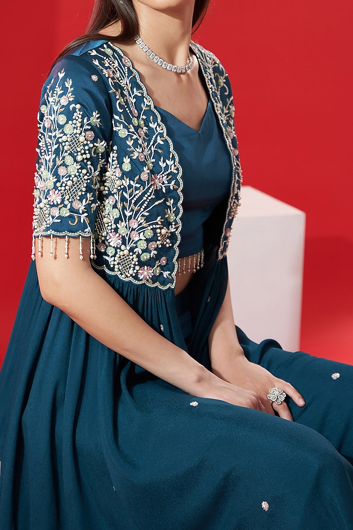 Teal Green Embroidered Jacket Set by Suruchi Parakh at Pernia's Pop Up Shop