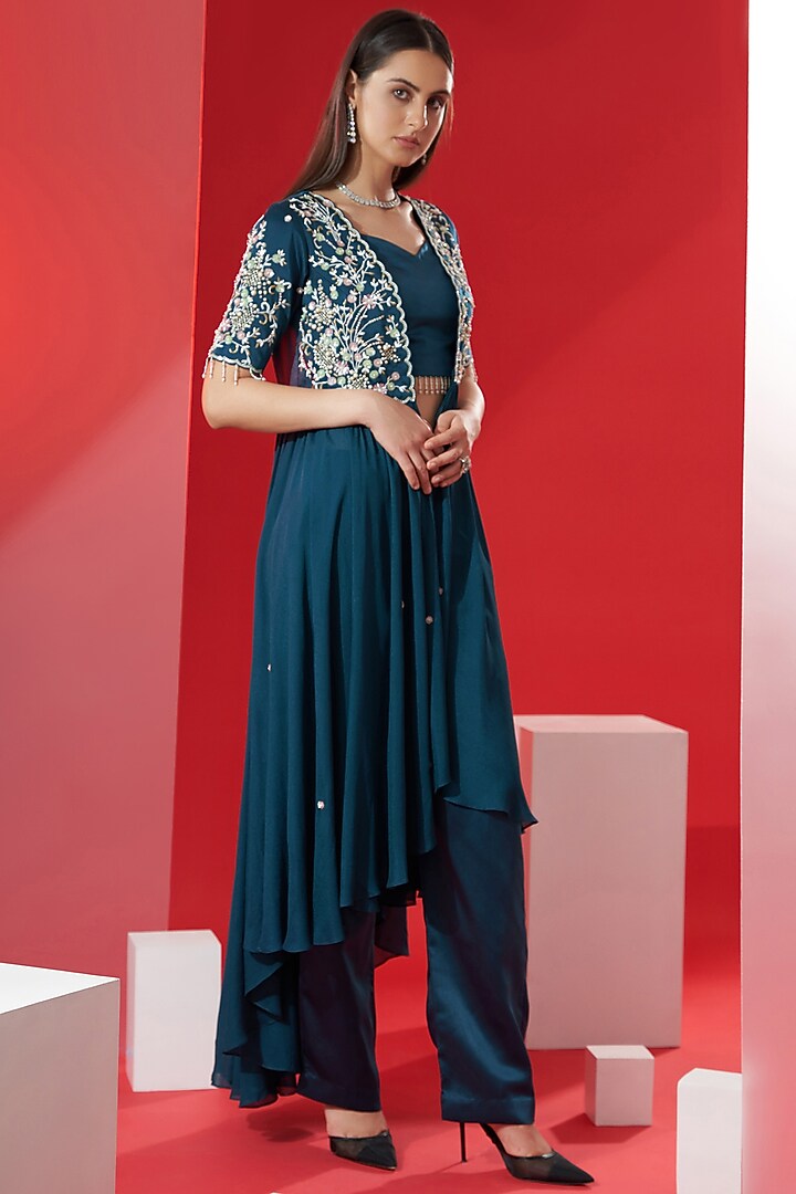 Teal Green Embroidered Jacket Set by Suruchi Parakh at Pernia's Pop Up Shop
