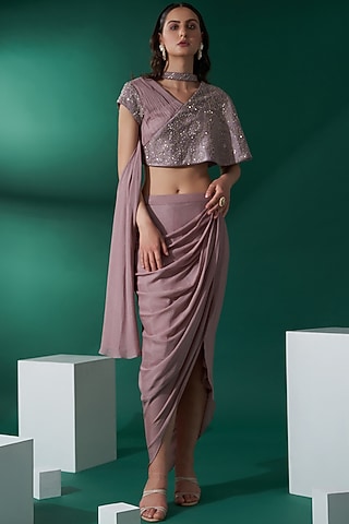 Nude Brown Satin Draped Skirt Set by Suruchi Parakh