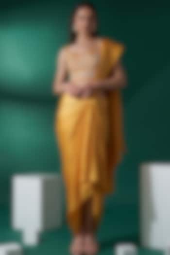 Mustard Yellow Satin Pre-Draped Skirt Saree Set by Suruchi Parakh