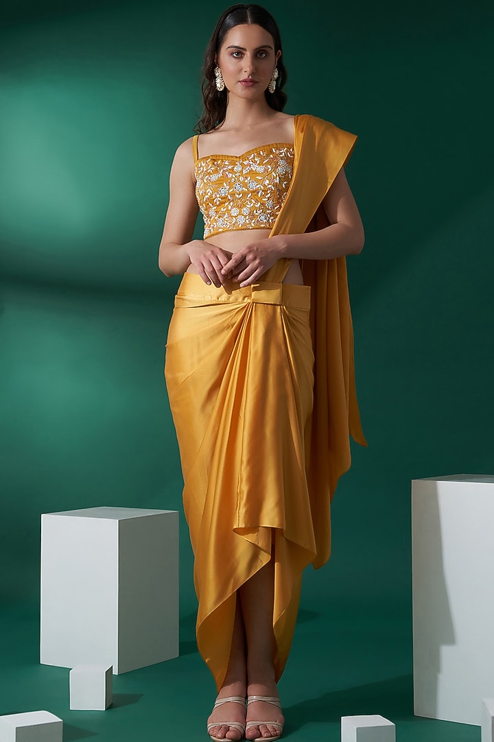 Mustard Yellow Satin Pre-Draped Skirt Party Wear Saree Set by Suruchi Parakh at Pernia's Pop Up Shop