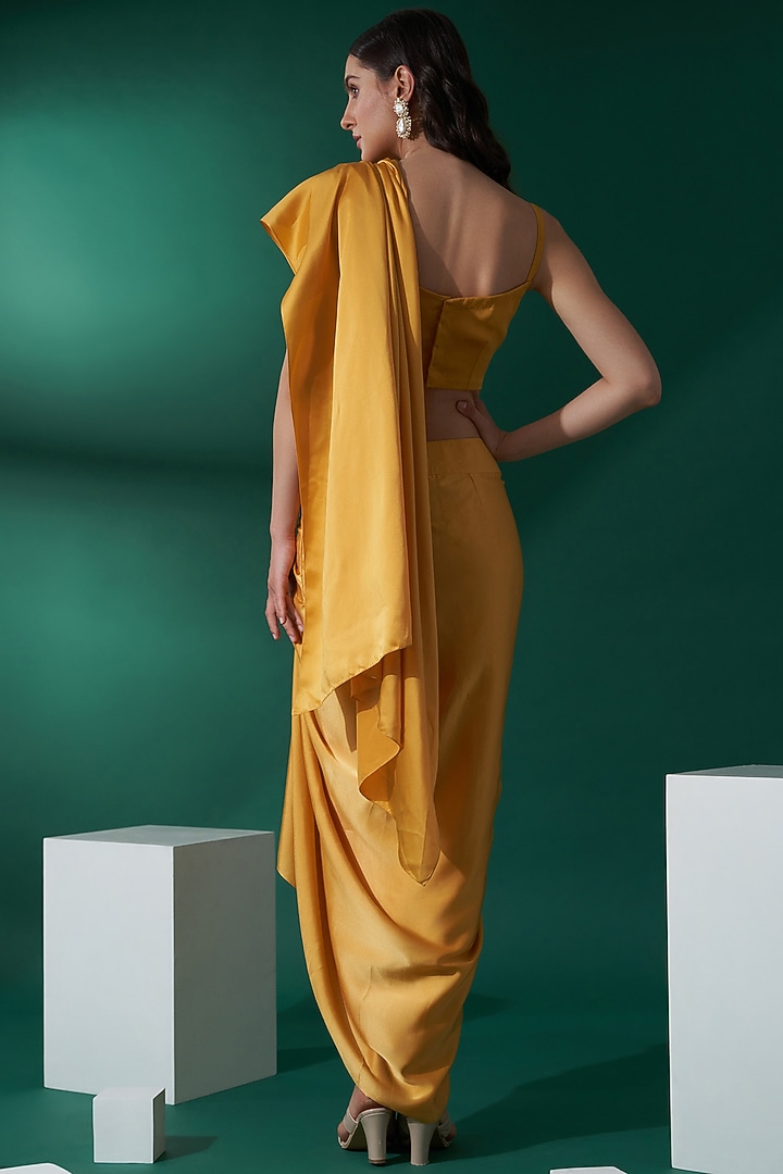 Mustard Yellow Satin Pre-Draped Skirt Party Wear Saree Set by Suruchi Parakh at Pernia's Pop Up Shop