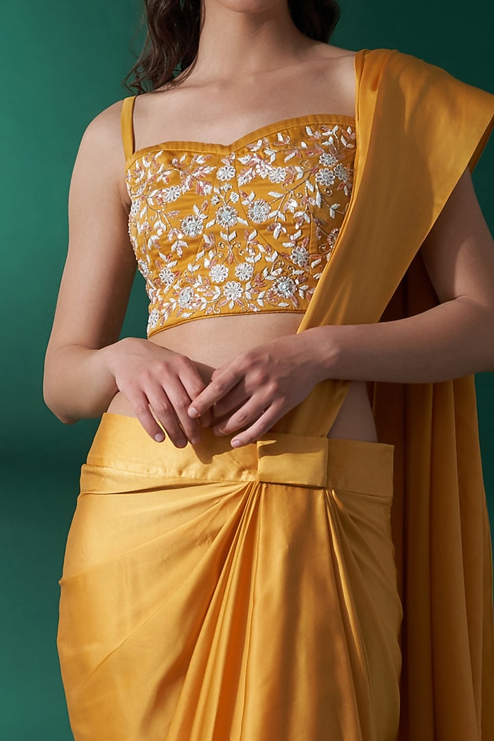 Mustard Yellow Satin Pre-Draped Skirt Party Wear Saree Set by Suruchi Parakh at Pernia's Pop Up Shop