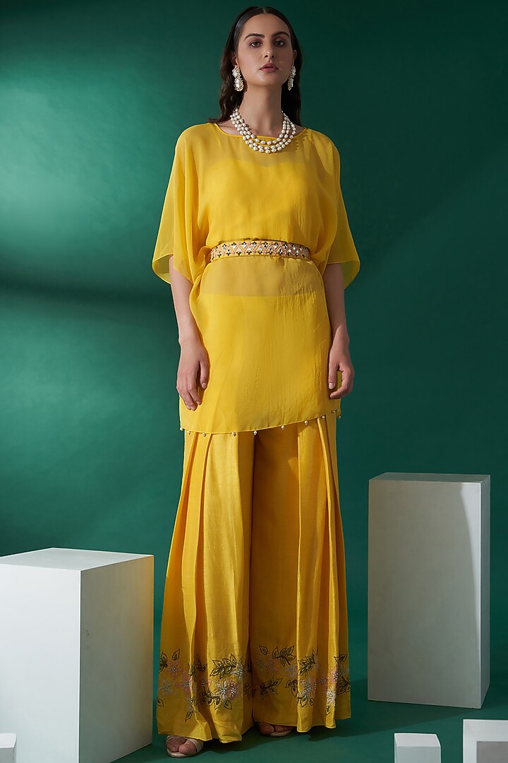 Yellow Organza Embroidered Kaftan Set by Suruchi Parakh at Pernia's Pop Up Shop