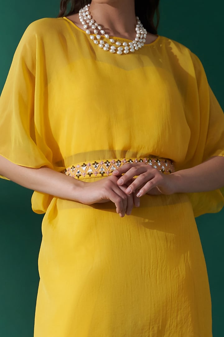 Yellow Organza Embroidered Kaftan Set by Suruchi Parakh at Pernia's Pop Up Shop