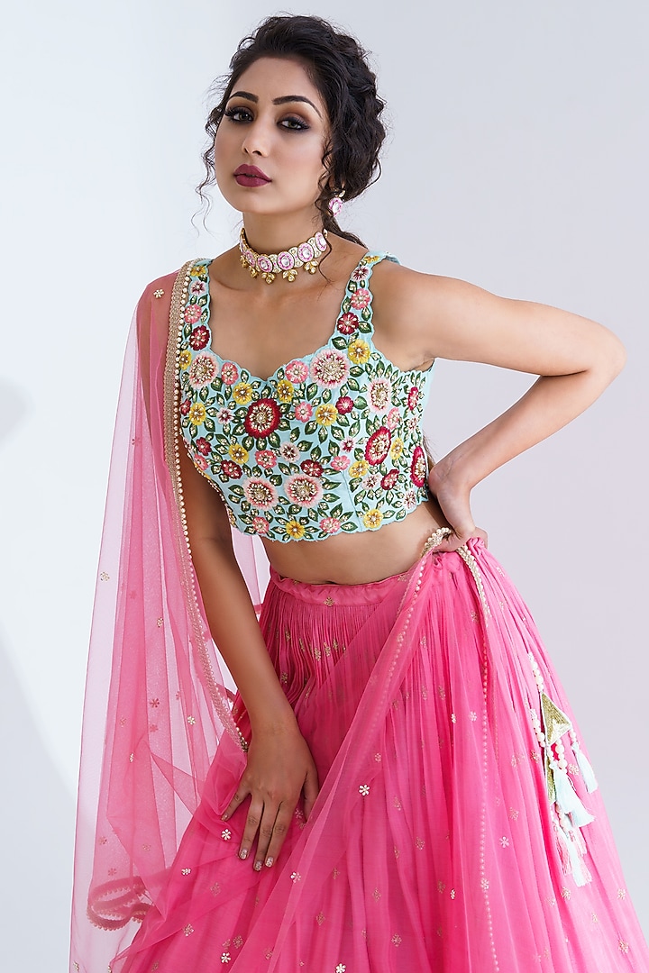 Pink Georgette Crepe & Net Pleated Wedding Lehenga Set by Suruchi Parakh at Pernia's Pop Up Shop