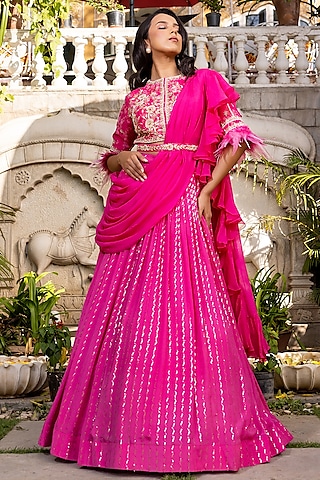 Pink Georgette Crepe & Soft Organza Drape Lehenga Set by Suruchi Parakh
