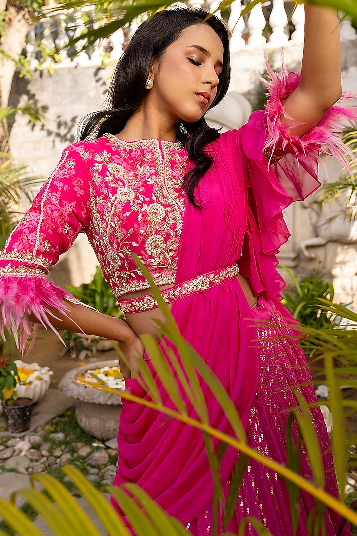 Pink Georgette Crepe & Soft Organza Drape Wedding Lehenga Set by Suruchi Parakh at Pernia's Pop Up Shop