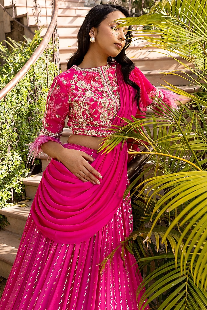 Pink Georgette Crepe & Soft Organza Drape Wedding Lehenga Set by Suruchi Parakh at Pernia's Pop Up Shop