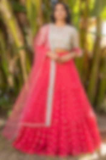 Coral Georgette & Net Layered Wedding Lehenga Set by Suruchi Parakh at Pernia's Pop Up Shop