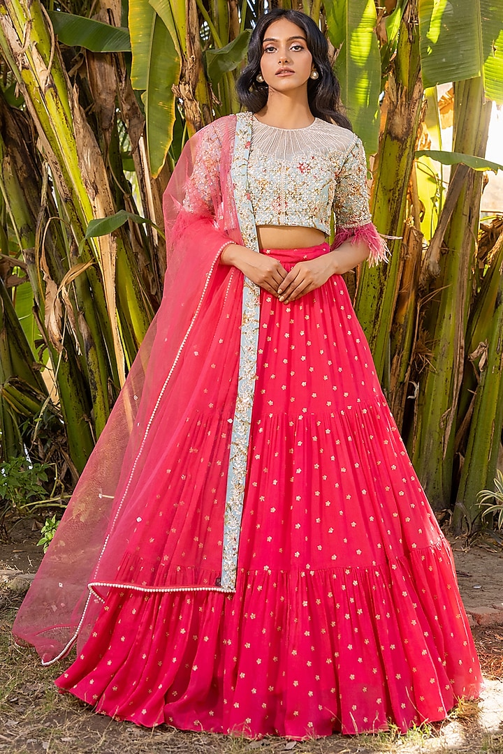 Coral Georgette & Net Layered Wedding Lehenga Set by Suruchi Parakh at Pernia's Pop Up Shop