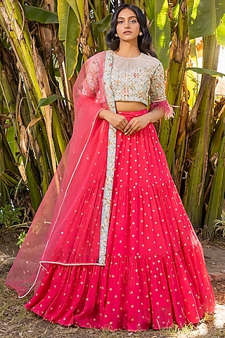 Coral Georgette & Net Layered Lehenga Set by Suruchi Parakh