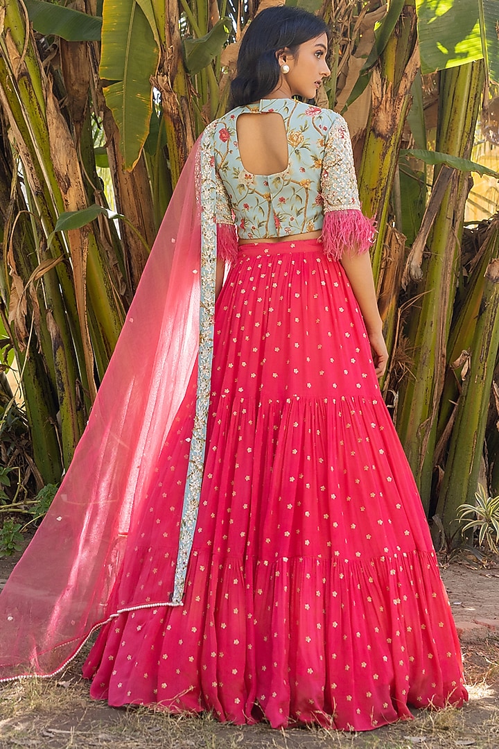 Coral Georgette & Net Layered Wedding Lehenga Set by Suruchi Parakh at Pernia's Pop Up Shop