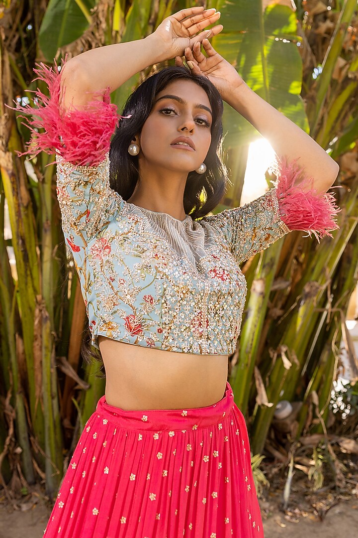 Coral Georgette & Net Layered Wedding Lehenga Set by Suruchi Parakh at Pernia's Pop Up Shop