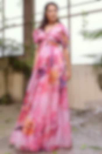 Pink Flared Habutai Silk Dress by Suruchi Parakh