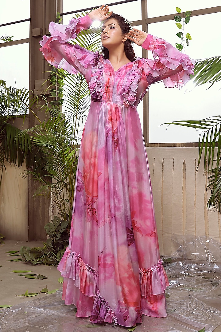 Pink And Lavender Habutai Silk Flared Gown by Suruchi Parakh