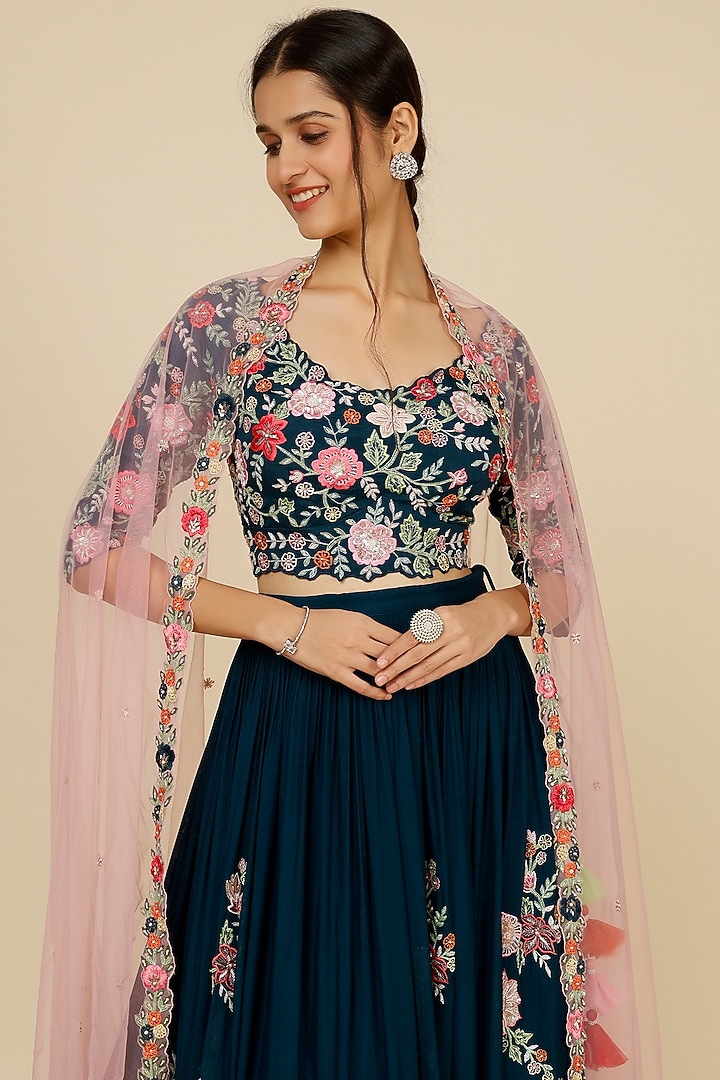 Peacock Blue Embroidered Wedding Lehenga Set by Suruchi Parakh at Pernia's Pop Up Shop