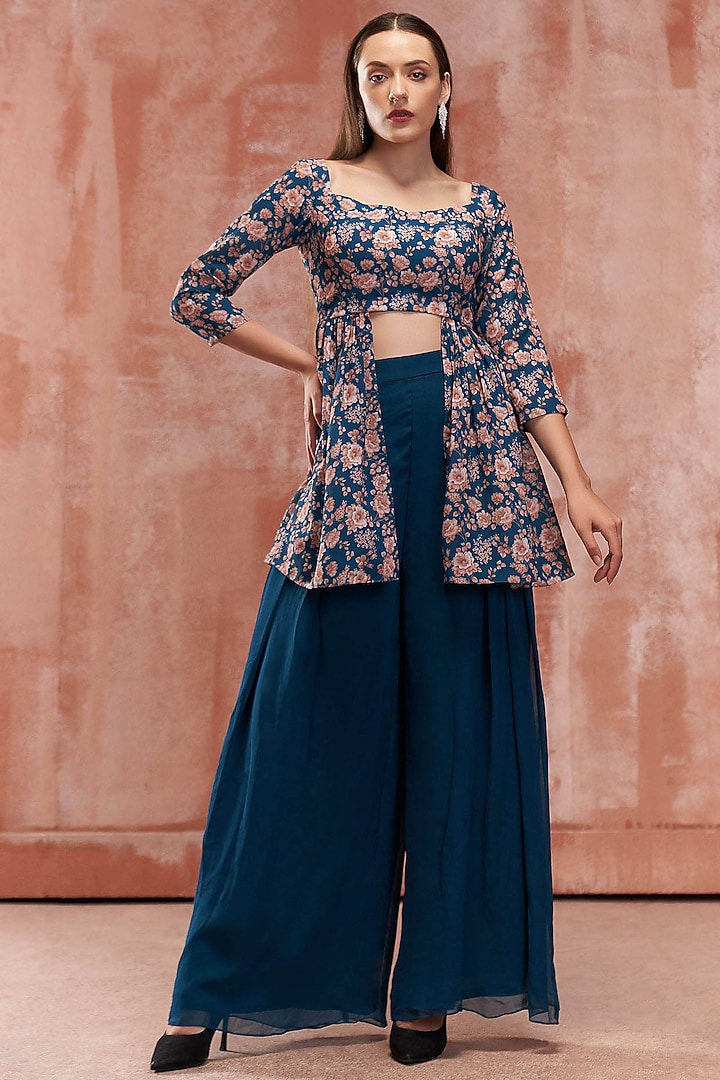 Teal Blue Georgette Pant Set by Suruchi Parakh at Pernia's Pop Up Shop