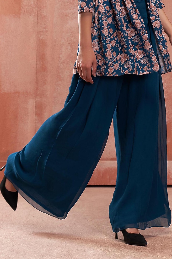Teal Blue Georgette Pant Set by Suruchi Parakh at Pernia's Pop Up Shop