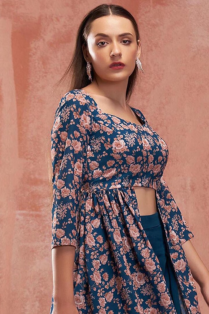 Teal Blue Georgette Pant Set by Suruchi Parakh at Pernia's Pop Up Shop