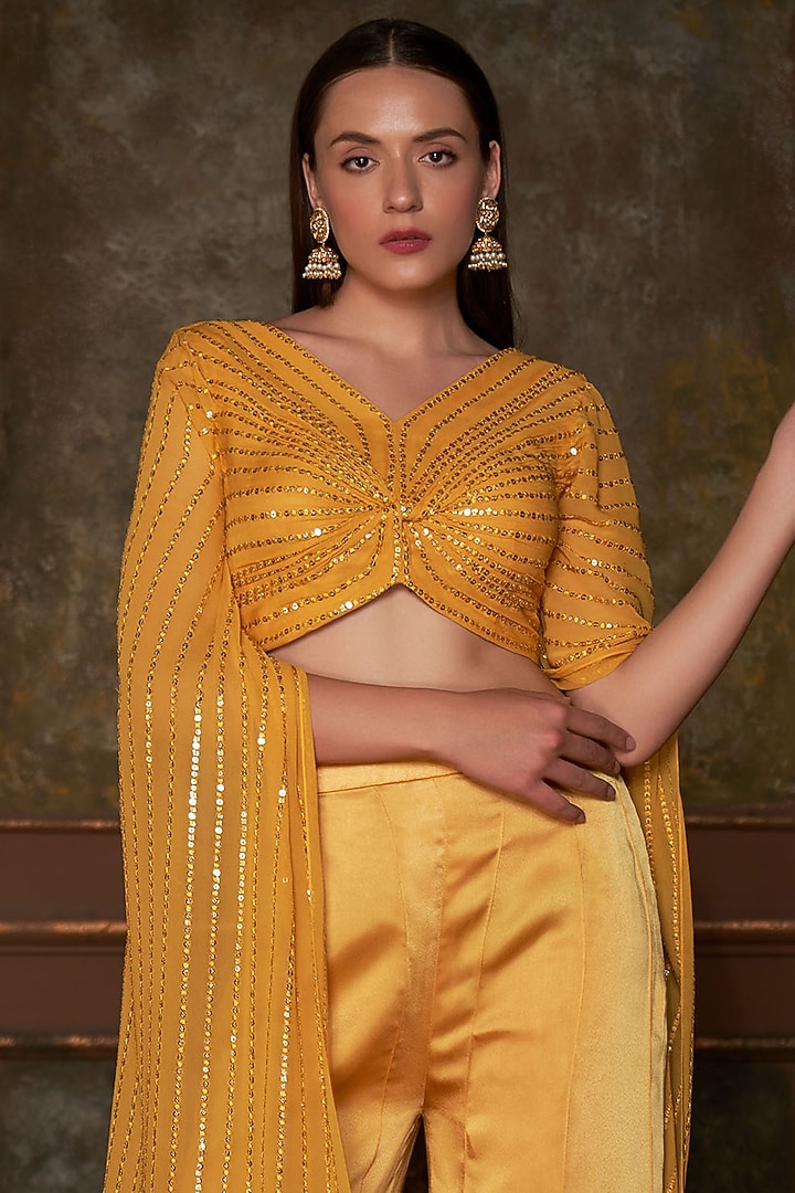 Yellow Georgette & Satin Silk Pant Set by Suruchi Parakh at Pernia's Pop Up Shop