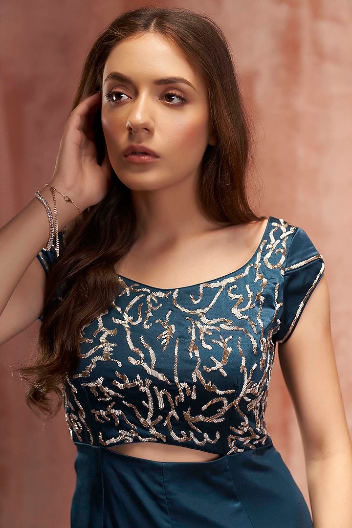 Teal Blue Embroidered Jumpsuit by Suruchi Parakh at Pernia's Pop Up Shop