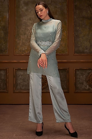 Sea Green Satin Pant Set by Suruchi Parakh