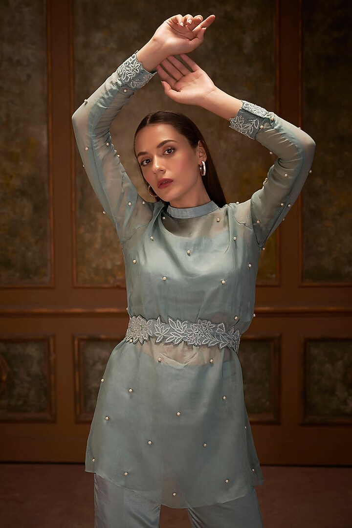 Sea Green Satin Pant Set by Suruchi Parakh at Pernia's Pop Up Shop