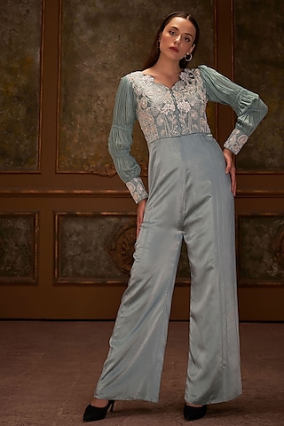 Sea Green Embroidered Jumpsuit by Suruchi Parakh