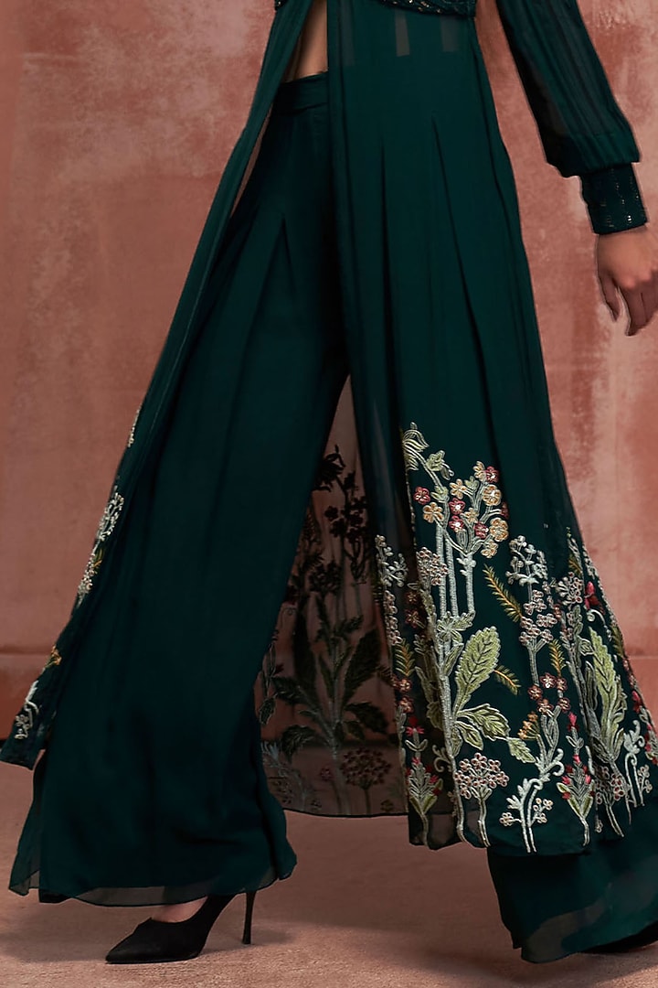 Bottle Green Embroidered Jacket Set by Suruchi Parakh at Pernia's Pop Up Shop