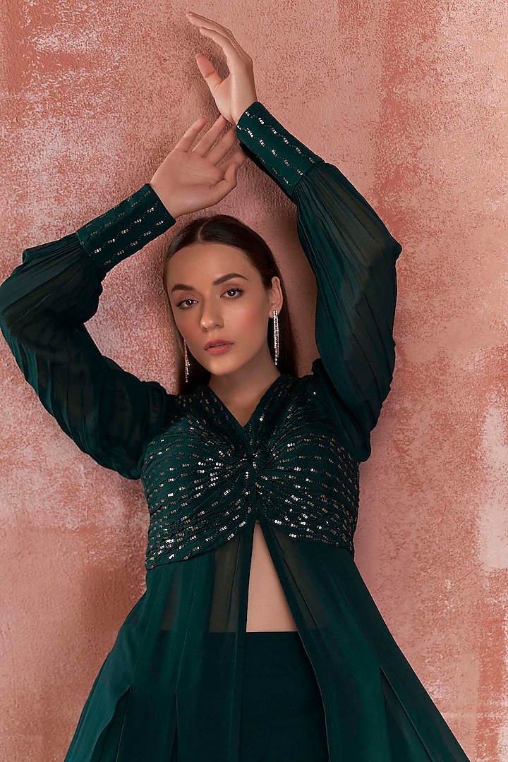 Bottle Green Embroidered Jacket Set by Suruchi Parakh at Pernia's Pop Up Shop