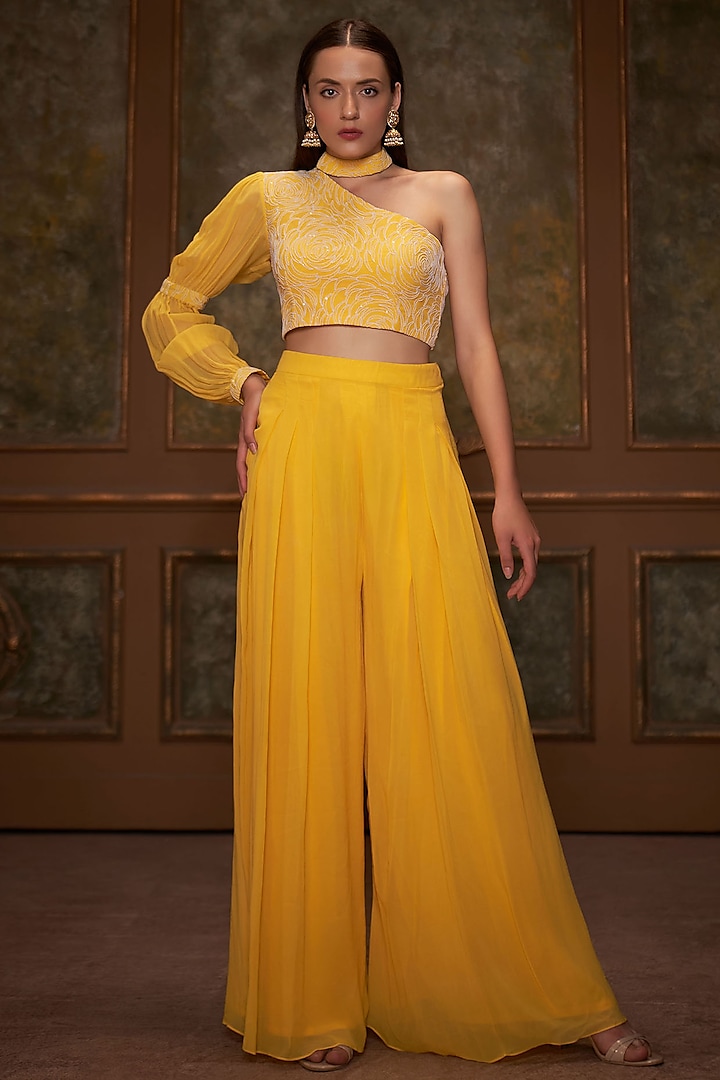 Yellow Flared Pant Set In Georgette by Suruchi Parakh at Pernia's Pop Up Shop