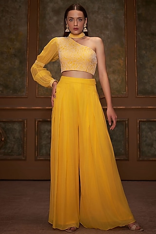 Yellow Flared Pant Set In Georgette by Suruchi Parakh