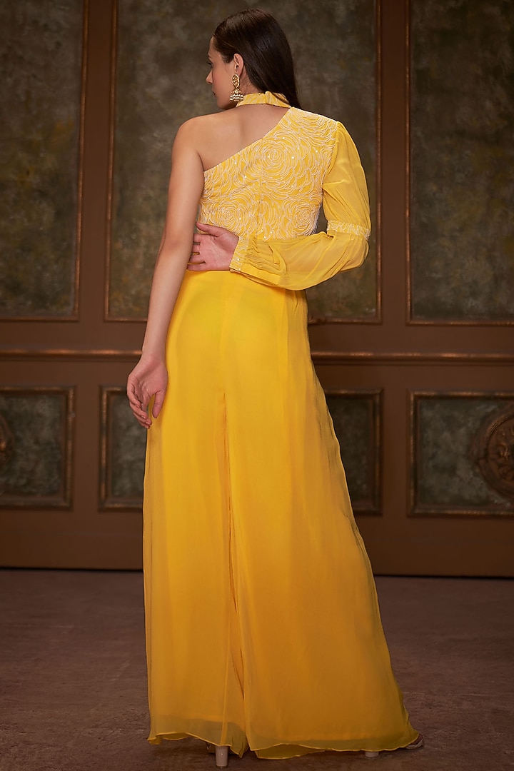 Yellow Flared Pant Set In Georgette by Suruchi Parakh at Pernia's Pop Up Shop