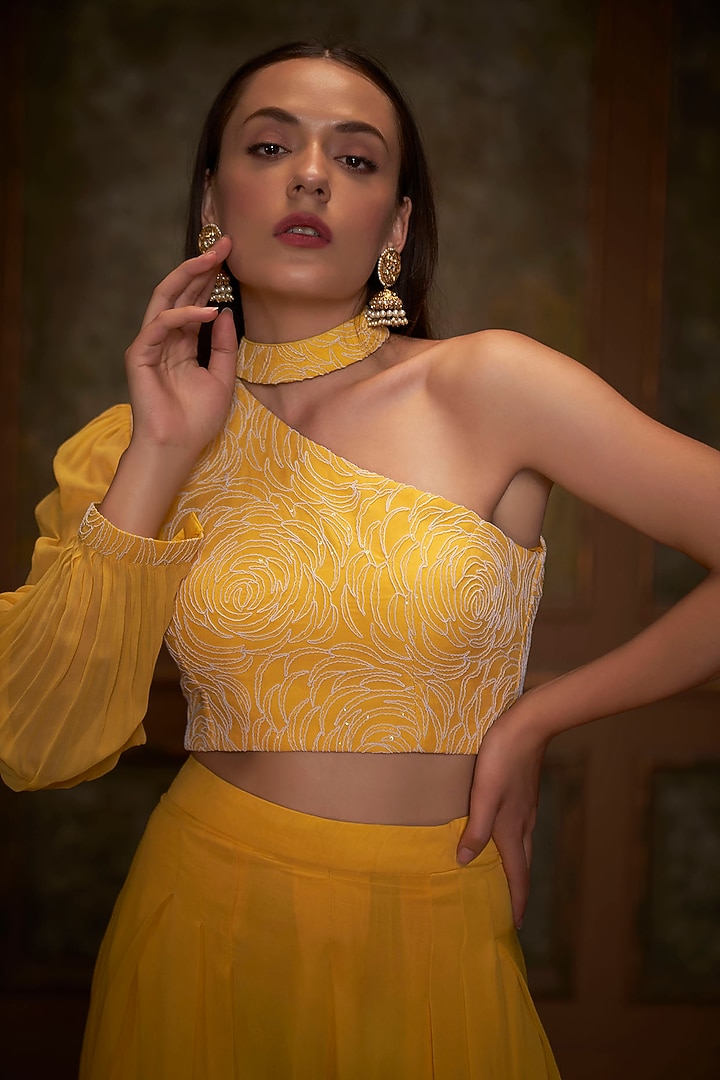 Yellow Flared Pant Set In Georgette by Suruchi Parakh at Pernia's Pop Up Shop
