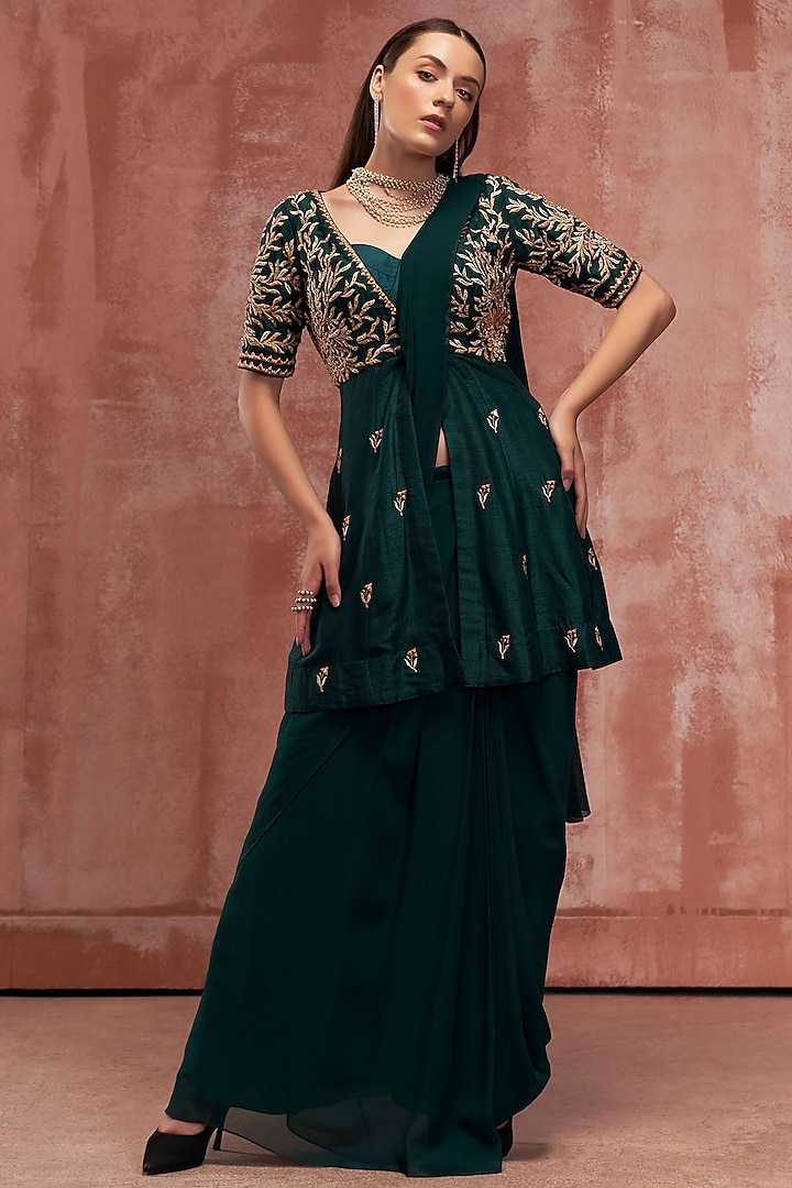 Bottle Green Crepe Jacket Party Wear Saree Set by Suruchi Parakh at Pernia's Pop Up Shop