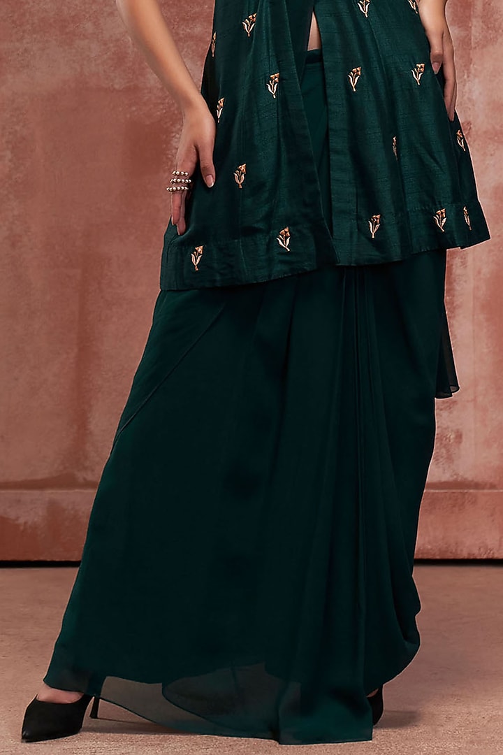 Bottle Green Crepe Jacket Wedding Saree Set by Suruchi Parakh at Pernia's Pop Up Shop