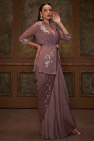 Light Nudish Brown Organza Jacket Saree Set by Suruchi Parakh