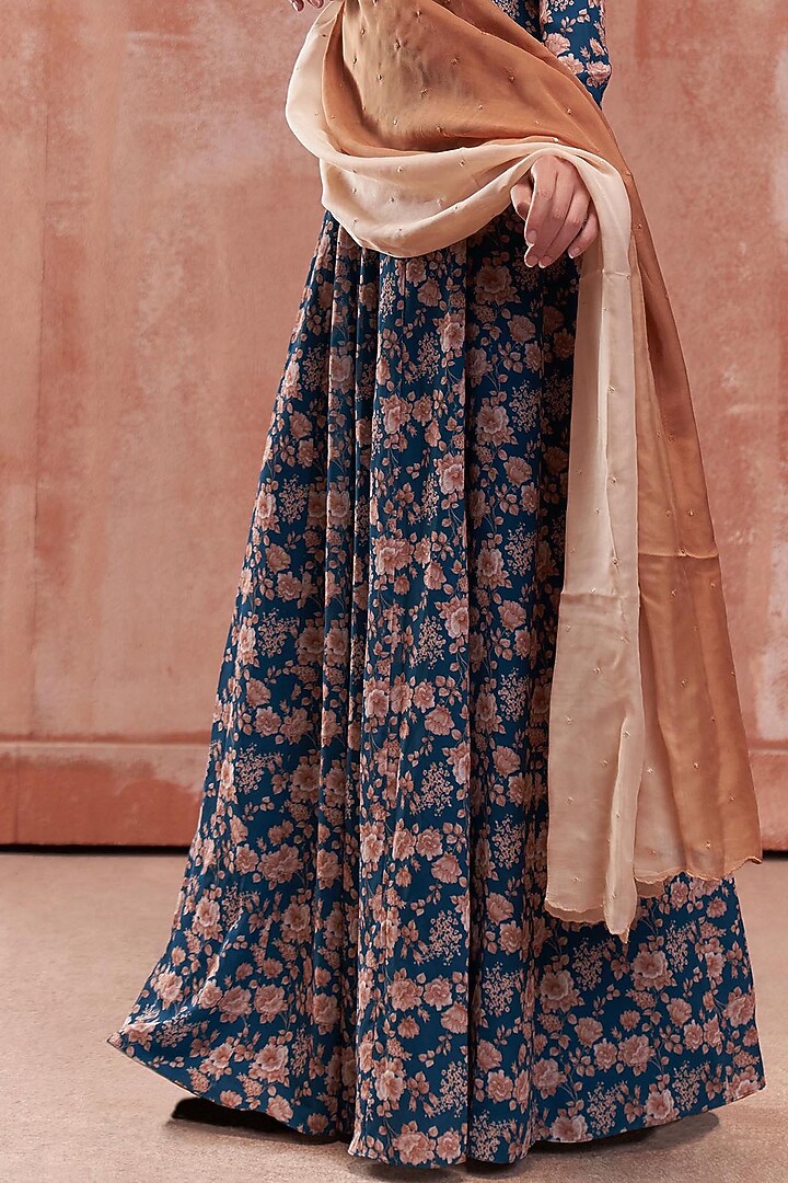 Teal Blue Floral Printed Party Wear Anarkali Set by Suruchi Parakh at Pernia's Pop Up Shop
